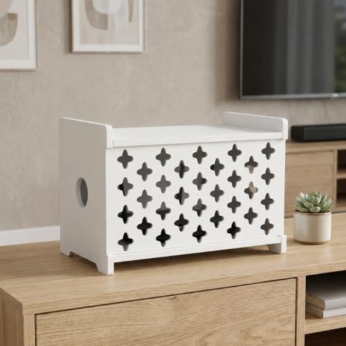 SKAGIT White Wooden WiFi Router Storage Box Hider, Decorative Projector Box Hider Rack Countertop, Cable Management Organizer for Modem, Router, Power Strip, and Small Accessories
