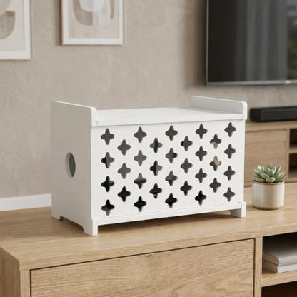 SKAGIT White Wooden WiFi Router Storage Box Hider, Decorative Projector Box Hider Rack Countertop, Cable Management Organizer for Modem, Router, Power Strip, and Small Accessories
