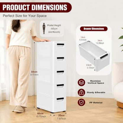 5 Drawers Narrow Slim Plastic Storage Cabinet,Storage Drawer with 4 Wheels,5 Tier Drawers Dresser,White