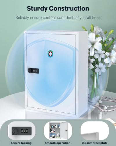 Uniclife Locking Medicine Cabinet, Medication Lock Cabinet with Code | wall mount medicine organizer, security lock with keys, sturdy steel construction, large capacity box for home, office&school