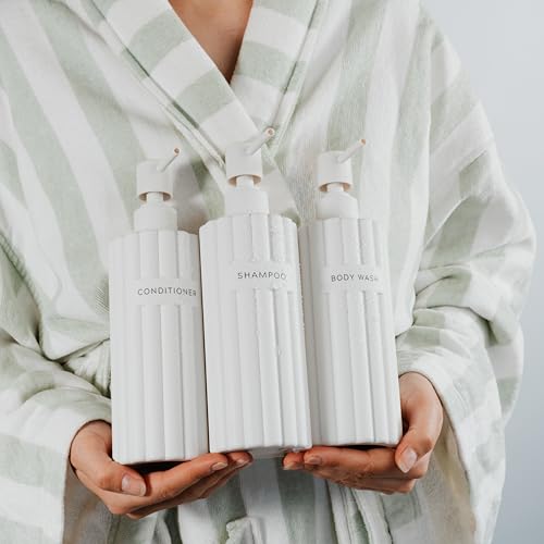 Stylish Shampoo & Conditioner Dispenser Set of 3 - Fluted 19oz Bottles | Modern Shower Soap Bottles - Easy to Refill Body Wash Dispensers for an Instant Bathroom Decor Upgrade