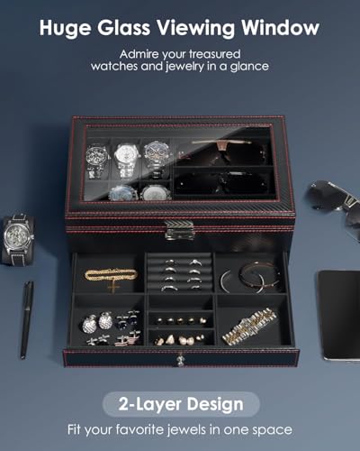 Watch Jewelry Box Organizer, 6-Slot 2-Layer Watch Case and Sunglasses Storage with Large Glass Lid, Men's Jewelry Box with Lock, Watch Holder Display Case, Fathers Day Gift for Dad