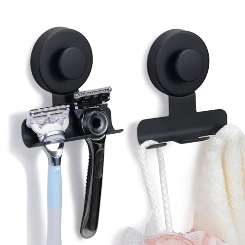 Suction Cup Razor and Shaver Holder for Shower Wall, Stainless Steel Reusable Suction Hook for Towel and Loofah, Damage-Free Installation (2, Matte Black)