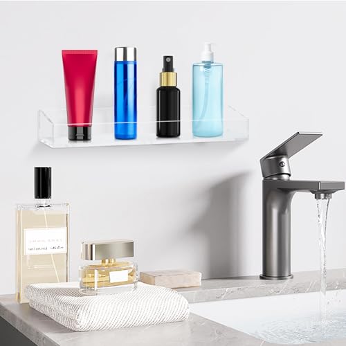2 Pack Acrylic Bathroom Shelves, Clear Acrylic Shower Caddy Organizer, 15" Invisible Floating Shelves for Book/Figures/Photo/Makeup in Bathroom, Living Room, Bedroom, Kitchen