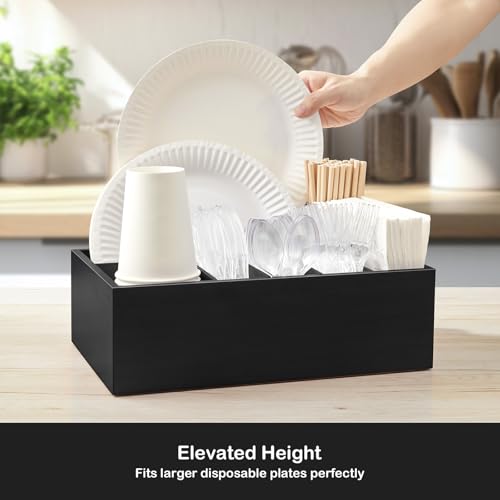 Large Utensil Holder for Party - Wooden Paper Plate and Utensil Caddy for Countertop - Silverware Caddy for Cup Fork Spoon Napkin - Cutlery Organizer for Kitchen Camping Buffet Picnic