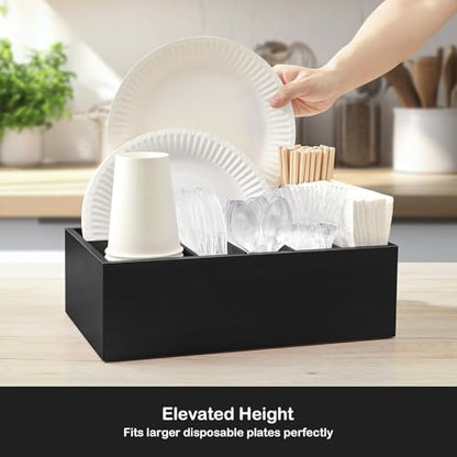 Large Utensil Holder for Party - Wooden Paper Plate and Utensil Caddy for Countertop - Silverware Caddy for Cup Fork Spoon Napkin - Cutlery Organizer for Kitchen Camping Buffet Picnic