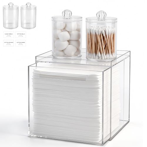 Anyoifax Disposable Face Towels Holder Set with 2 Pack Qtip Holders, Clear | Acrylic Box Bin Compatible with Clean Skin Club Clean Towelettesl XL Bathroom Counter Storage with Drawer