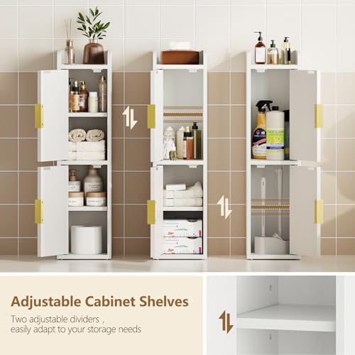 Yoobure Small Bathroom Storage Cabinet - Corner Floor Cabinet with 2 Doors & Adjustable Shelves, Narrow Slim Toilet Paper Cabinets, Skinny Bathroom Organizer for Small Space, 7.9" D x 7.9" W, White