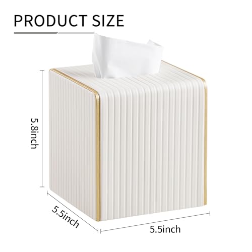 Square PU Leather Tissue Box Cover with Magnetic Closure, Decorative Tissue Holder & Storage Container for Bedroom, Living Room, Dining Room, Bathroom, Countertop, Desk & Office (White)