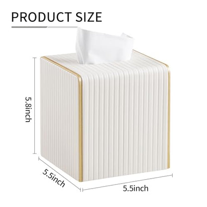 Square PU Leather Tissue Box Cover with Magnetic Closure, Decorative Tissue Holder & Storage Container for Bedroom, Living Room, Dining Room, Bathroom, Countertop, Desk & Office (White)