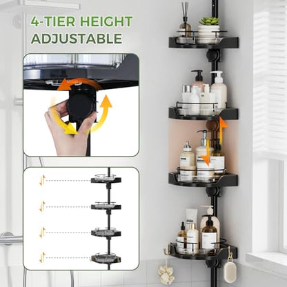 akinbas 360° Rotating Shower Caddy Tension Pole with 4-Tier Rustproof Lazy Susan 35-128 Inch No Drilling Coner Shelves Adjustable Shower Rack for Bathroom Bathtub Washbasin Plant Storage (Black)