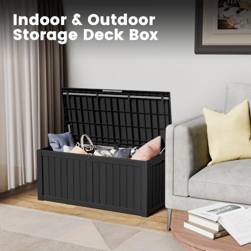 120 Gallon Outdoor Storage Box, Waterproof Resin Deck Box for Indoor & Outdoor Use, Lockable Storage Bench with Piston Hinge, Storage Bin for Patio Cushions, Garden Tools, Package Delivery