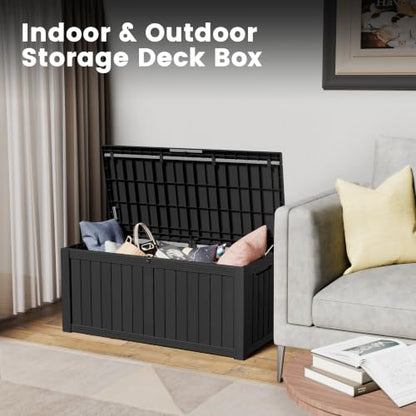 120 Gallon Outdoor Storage Box, Waterproof Resin Deck Box for Indoor & Outdoor Use, Lockable Storage Bench with Piston Hinge, Storage Bin for Patio Cushions, Garden Tools, Package Delivery