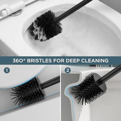 FORIOUS Toilet Brush and Holder Set with 2 Brush Head Square Medium Black | Heavy Duty 304 Stainless Steel Base, Silicone and Plastic Brush Heads, Long Handle for Deep Cleaning, Drip-Proof
