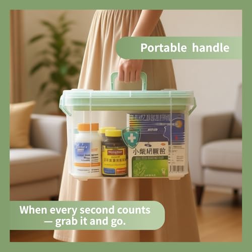 2-Pack Clear Medicine Storage Box Set with Pill Organizer | Portable Stackable with Built-in Handle, Clear View, Divided Tray, Plastic Medicine Cabinet Organizer for Home, Dorm, Travel