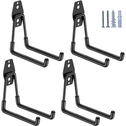 HUPBIPY Garage Hooks Heavy Duty 4 Pack, Wall Mount Ladder Hooks | 5.1in U Shaped Hanger, Storage Organizer With a non-slip coating For Hanging Bicycles, Garden Tools Hoses and Ropes (Black)