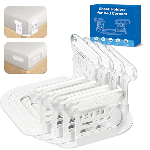 Bed Sheet Holders for Corners, Upgraded Dual-Side Lock Design Sheet Grippers, 4Pcs Heavy Duty Non-Slip Fitted Sheet Clips, Keep Sheets Firm & Tight, Universal Fit for All Mattresses, Easy Installation