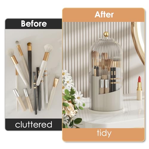 YOOLENS Makeup Brush Holder with Lid 360 Rotating Clear Dustproof Make Up Organizers for Vanity Bathroom Countertop, Transparent | with Lid