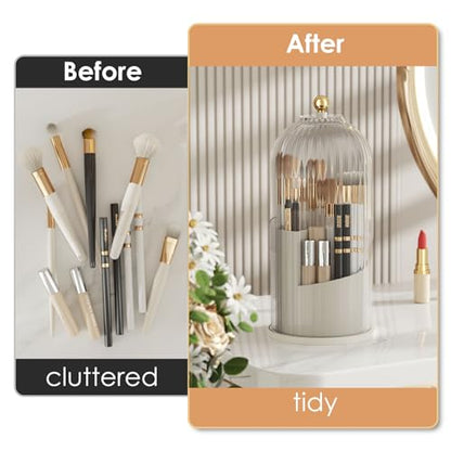 YOOLENS Makeup Brush Holder with Lid 360 Rotating Clear Dustproof Make Up Organizers for Vanity Bathroom Countertop, Transparent | with Lid