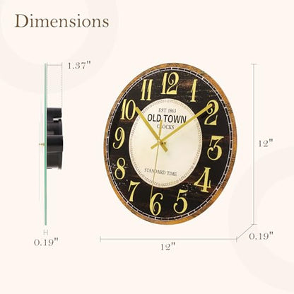Waterproof Outdoor Wall Clock 12in Silent Patio Pool Black Gold Decor | WISKALON Glass Retro Vintage Battery Operated Non-Ticking Quartz Analog For Room Office