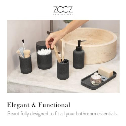 Black Stone Bathroom Accessories Set 6 Pieces - Toothbrush Holder, Lotion Dispenser, Qtip Container, Vanity Tray, Tumbler - Countertop Organizer for Bathrooms - Elegant and Functional Décor Set
