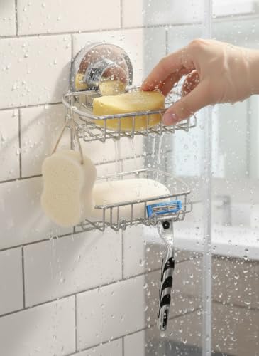 Soap Dish for Shower Suction Cup Powerful Vacuum System Rustproof 304 Stainless Steel Basket Sponges Holder with Razor Hooks for Bathroom or Kitchen Soap Holder, 2 Tier (Silver)