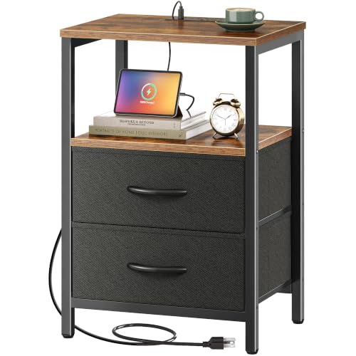 Huuger Nightstand with Charging Station, Side Table with Fabric Drawers, End Table with Open Shelf, Bedside Table with USB Ports and Outlets, Night Stand for Bedroom, Rustic Brown and Black