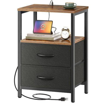 Huuger Nightstand with Charging Station, Side Table with Fabric Drawers, End Table with Open Shelf, Bedside Table with USB Ports and Outlets, Night Stand for Bedroom, Rustic Brown and Black