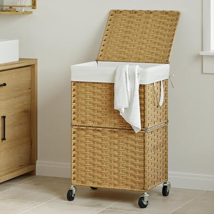 Chrislley Wicker Laundry Basket with Wheels,Rolling Laundry Hamper with Lid | 90L Slim Clothes Hamper with Wheels & Removable Liner Bag, Handwoven Rattan Laundry Organizer for Bedroom, Bathroom, Yellow