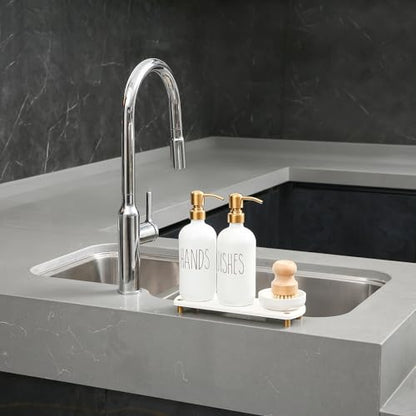Gold Soap Dispenser Set Comes with Stainless Steel Pumps | Instant Dry Tray and Dish Scrub Brush, Suitable for Kitchen Decor and Accessories