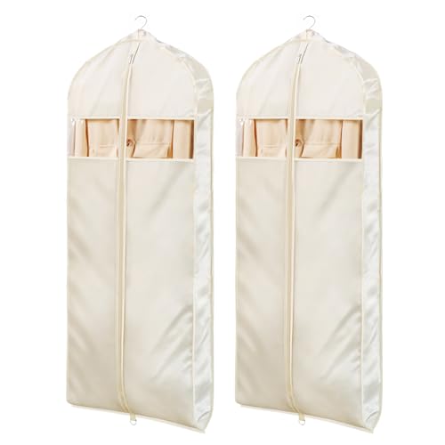 Univivi Satin Garment Bags for Hanging Clothes, Apricot, 60 Inch, 2 Pack | Soft Silk Garment Bag Zippered Dress Cover with Gussets and Clear Window, Breathable and Non-smell for Shirts, Coats, Jackets
