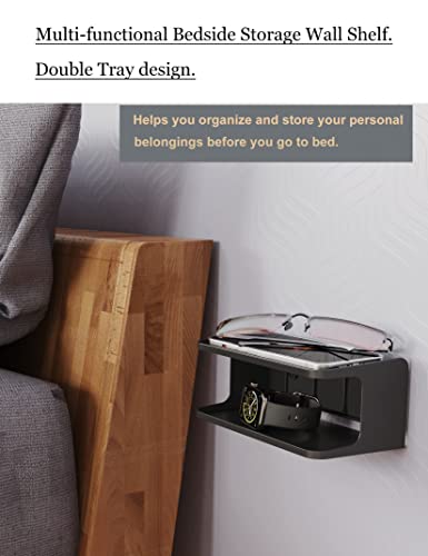 Bedside Wall Shelf Organizer, Small Bedside Shelf, (Black) | Wall Mount for Bed, Stick on Wall Shelf, Double Tray Holder for Storing Cellphone, Glasses, Keys, Camera , Alarm Clock