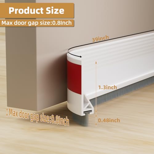 cuysfead 39" Door Draft Stopper for Bottom of Door with Brush,Strong Adhesive Under Door Sweep for Exterior & Interior,Soundproof Door Gap Filler Bottom Seal Dust Blocker and Noise Stopper,White