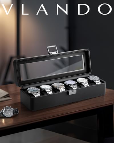 VLANDO Watch Case for Men,6-Slot Lockable Watch Box for Men with Glass Lid