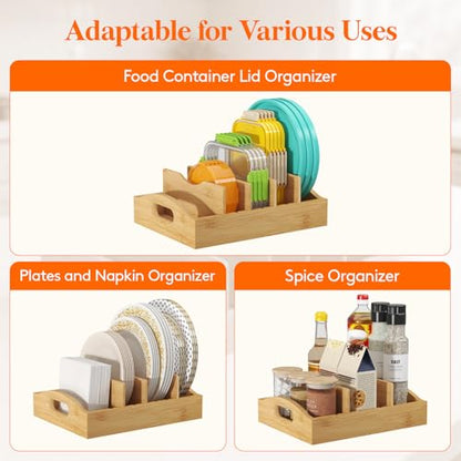 Lifewit Bamboo Lid Organizers for Inside Cabinet, Food Storage Container Lid Holder with 4 adjustable Inserts & 5 Sections, Kitchen Pantry organizer and storage, 10.6" X 8.3"