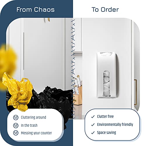 Plastic Bag Holder | UPGRADED Wall-Mount Grocery Bag Dispenser | Space-Saving Design | Easy Install | Smudge-Proof, Fingerprint-Resistant | White | Holds the Most Bags for Maximum Storage