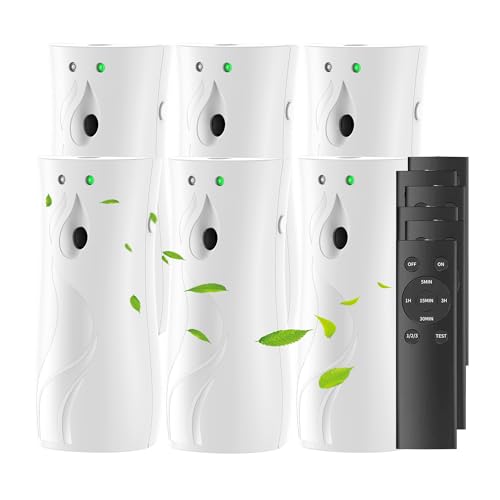 6-Pack Automatic Air Freshener Spray Dispenser with Remote Control, White | Wall Mounted/Free Standing Multiple Time Scent/Mist Release Settings use for Room/Restroom Commercial Place