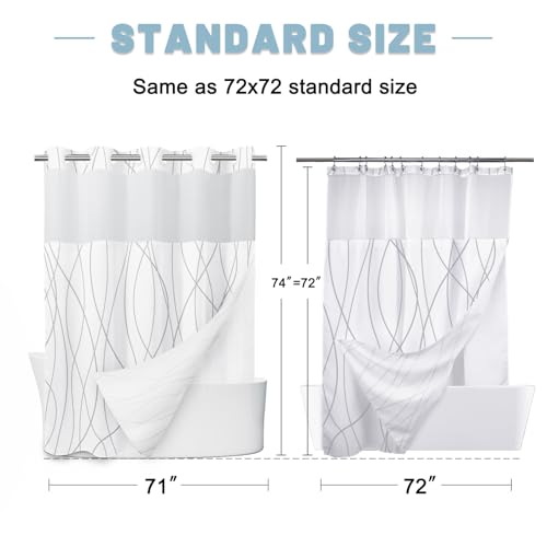 No Hook Shower Curtain with Snap-in Liner, Gray White, 71 x 74 Inch | Stripe Pattern, Waterproof, Mesh Top Window, Bottom Magnets, Hotel Style, Machine Washable, Quick Dry, Modern, for Bathroom