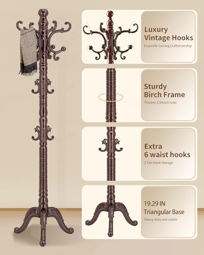 Wooden Coat Rack Stand, Solid Wood Freestanding Coat Rack, Vintage Coat Racks with 14 Hooks & Triangle Base, Standing Coat Hanger Jacket Tree Stand for Office, Entryway, Hallway