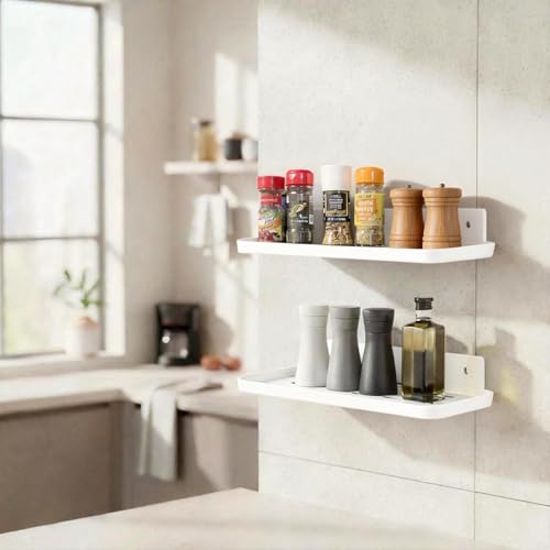 FAYYGYH Adhesive Floating Shelves, No Drill Floating Shelf for Wall Storage | Damage-Free Wall Mounted Organizer for Bathroom, Kitchen, Bedroom & Office (White, 4 PCS)