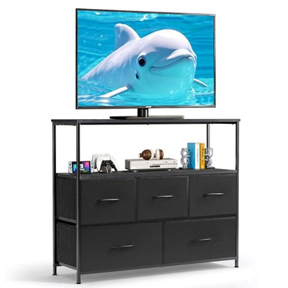 TV Stand dresser, 5 Drawers, Entertainment Center for TV up to 45 inch | Open Shelf, Storage Drawers, Media Console Table for Living Room, Bedroom, Small Space, Black