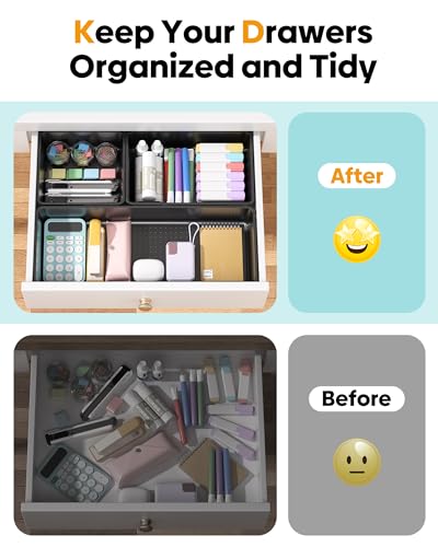 10 Pack Large Size Plastic Drawer Organizers Set, 3 Sizes Desk Drawer Organizer Trays, Storage Bins for Vanity, Makeup, Bathroom, Kitchen Utensils and Office (Black)