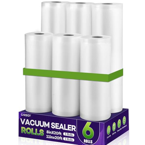 CAREGY Food Vacuum Sealer Rolls Bags 6 Pack | 3 Rolls 8'' x 20' & 3 Rolls 11''x 20', Commercial Grade BPA Free Embossed Food Saver Bag Rolls for Meal Prep & Food Storage