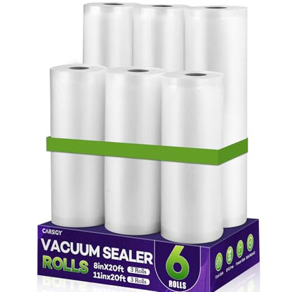 CAREGY Food Vacuum Sealer Rolls Bags 6 Pack | 3 Rolls 8'' x 20' & 3 Rolls 11''x 20', Commercial Grade BPA Free Embossed Food Saver Bag Rolls for Meal Prep & Food Storage
