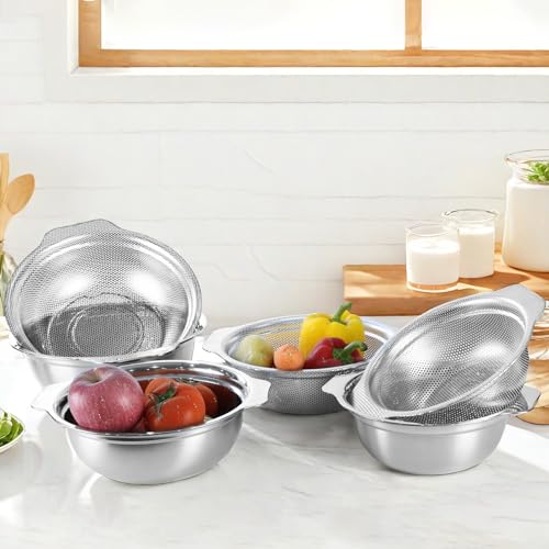 Stainless Steel Colander for Kitchen, 2.5QT Rice Washer Strainer with Mixing Bowl, Colander Bowl Set with Microporous for Washing Rice, Pasta, Spaghetti, Fruits, Dishwasher Safe(2PC)