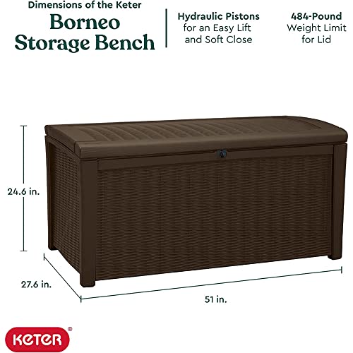 Keter Borneo 110 Gallon Resin Deck Box - Organization and Storage for Patio Furniture, Outdoor Cushions, Throw Pillows, Garden Tools and Pool Toys, Brown | for Patio, Backyard & Garden - Lockable, Organizing, and Waterproof Plastic Container Bench