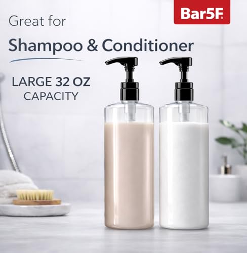 Bar5F Empty Pump Bottles 32 oz. (1-Liter) BPA-Free Crystal-Clear USA 2-Pack | Large Refillable Containers for Shampoo, Conditioner, Body Wash, Lotion, Gel, Laundry Detergent, Hand Soap