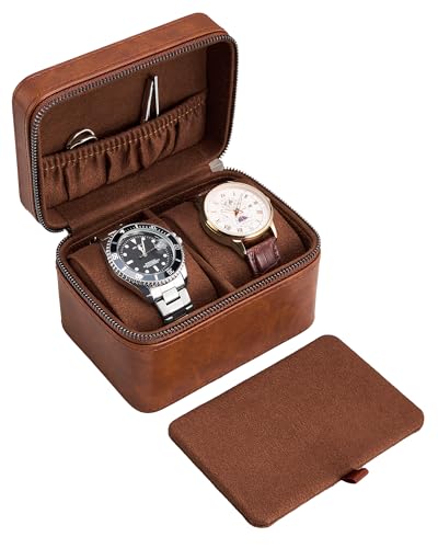 ProCase 2-Slot Watch Travel Case for Men, Portable Watch Holder -Brown | PU Leather, Compact Small Travel Carrying Box, Storage Case for Luxury Watches & Smartwatches with Jewelry Compartment