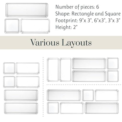 STORi SimpleSort Drawer Organizer Bins 6 pc Set, Multi-size, Bathroom Organizers and Storage, Makeup Organizer, Desk Organizer, Vanity Organizer, Clear Organizing Containers, Made in USA