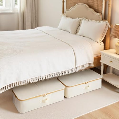 StorageWorks Underbed Storage Containers with Lids, 2-Pack 7" Low Profile Under Bed Storage Box with Bamboo Frame for Clothes, Bedding, Blankets and Shoes, 42L Sturdy Fabric Organizer, Beige